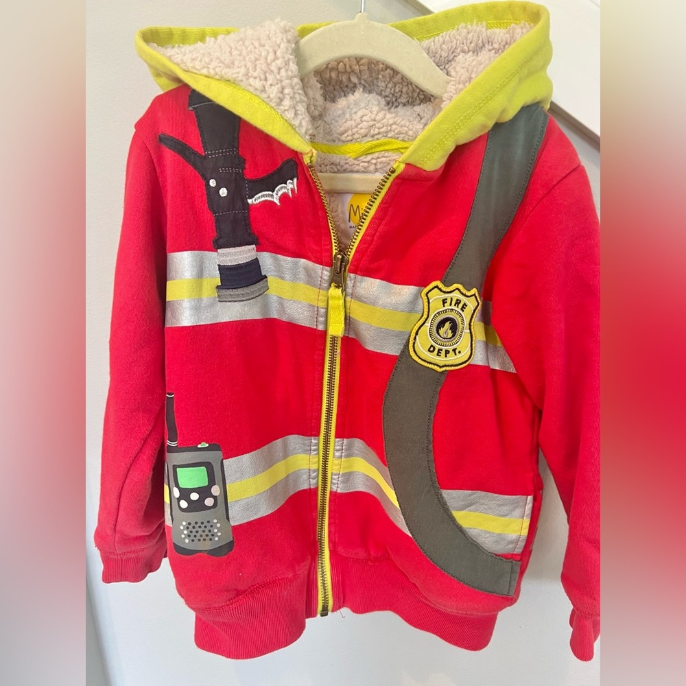 Mini Boden firefighter shaggy lined appliqué hoodie size 4-5 T